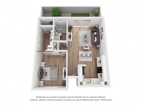 A 3D floor plan of a house with a kitchen, living room, and two bedrooms.